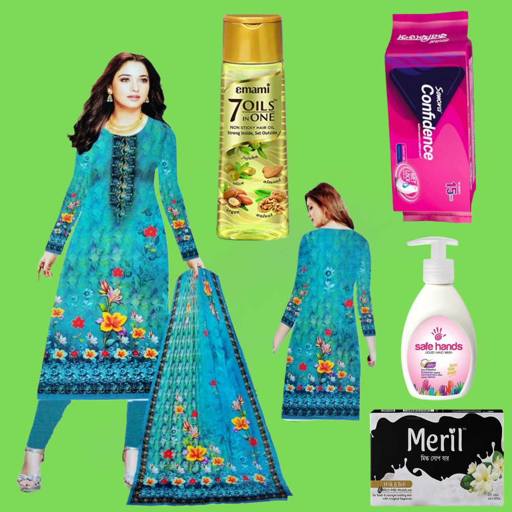 P8 (Pakistani Lawn Three Pice) Blue Color DN-1044 with Toiletries