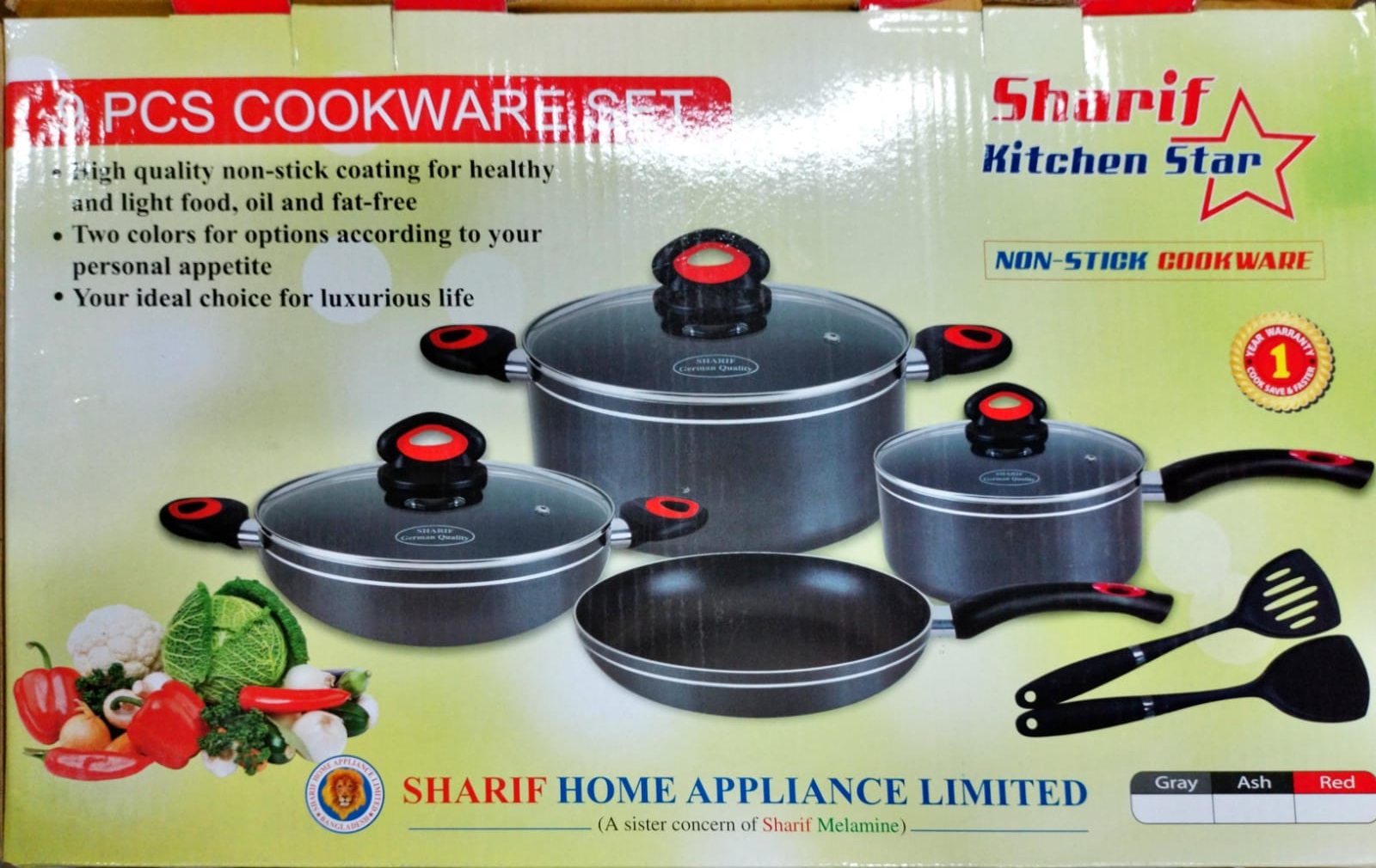 P171 Sharif 9 PCS Non Stick Cookware Set Color (Grey / Ash / Red)