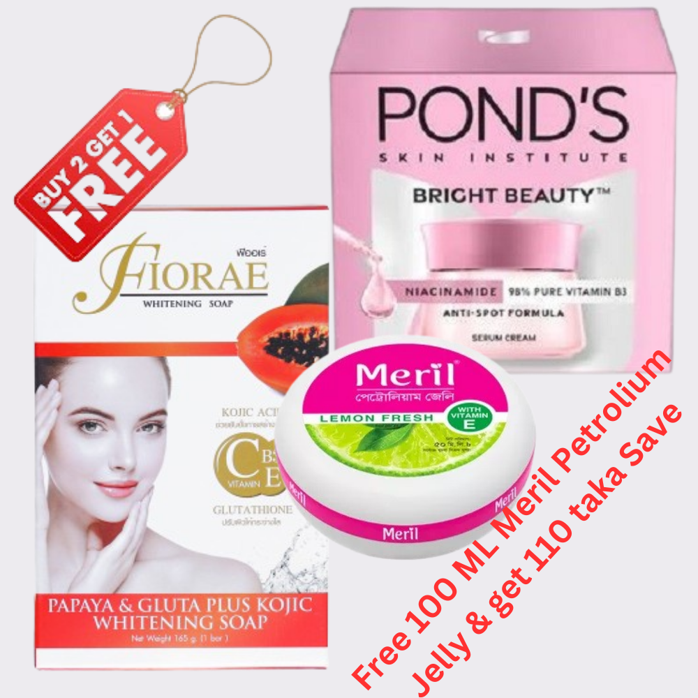 P362 165 gm Fiorae Whietening Soap and 50 gm Ponds Cream with 100 ml Meril Petroleum Jelly